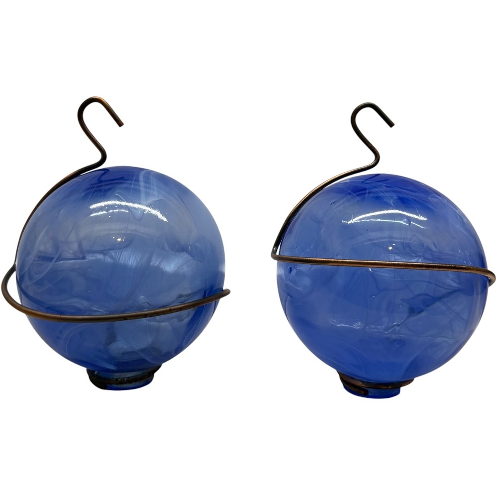Unbranded Blue Swirl Hand Blown Glass Hanging Garden Globe Set of Vintage Decor‎